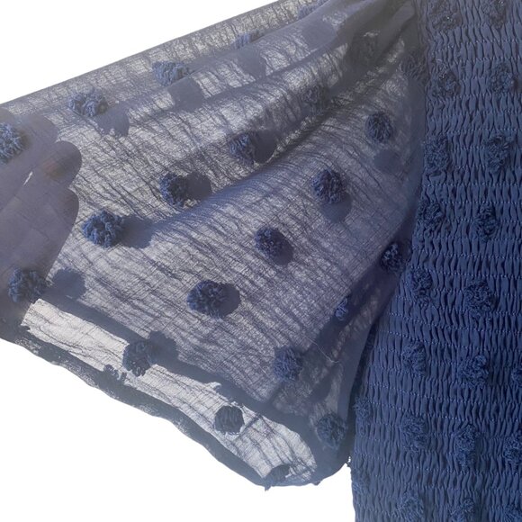 Annebouti Navy Dress Swiss Dot Flare Sleeve Flowy Smocked Bodice Ruffle Hem XL - Picture 6 of 10